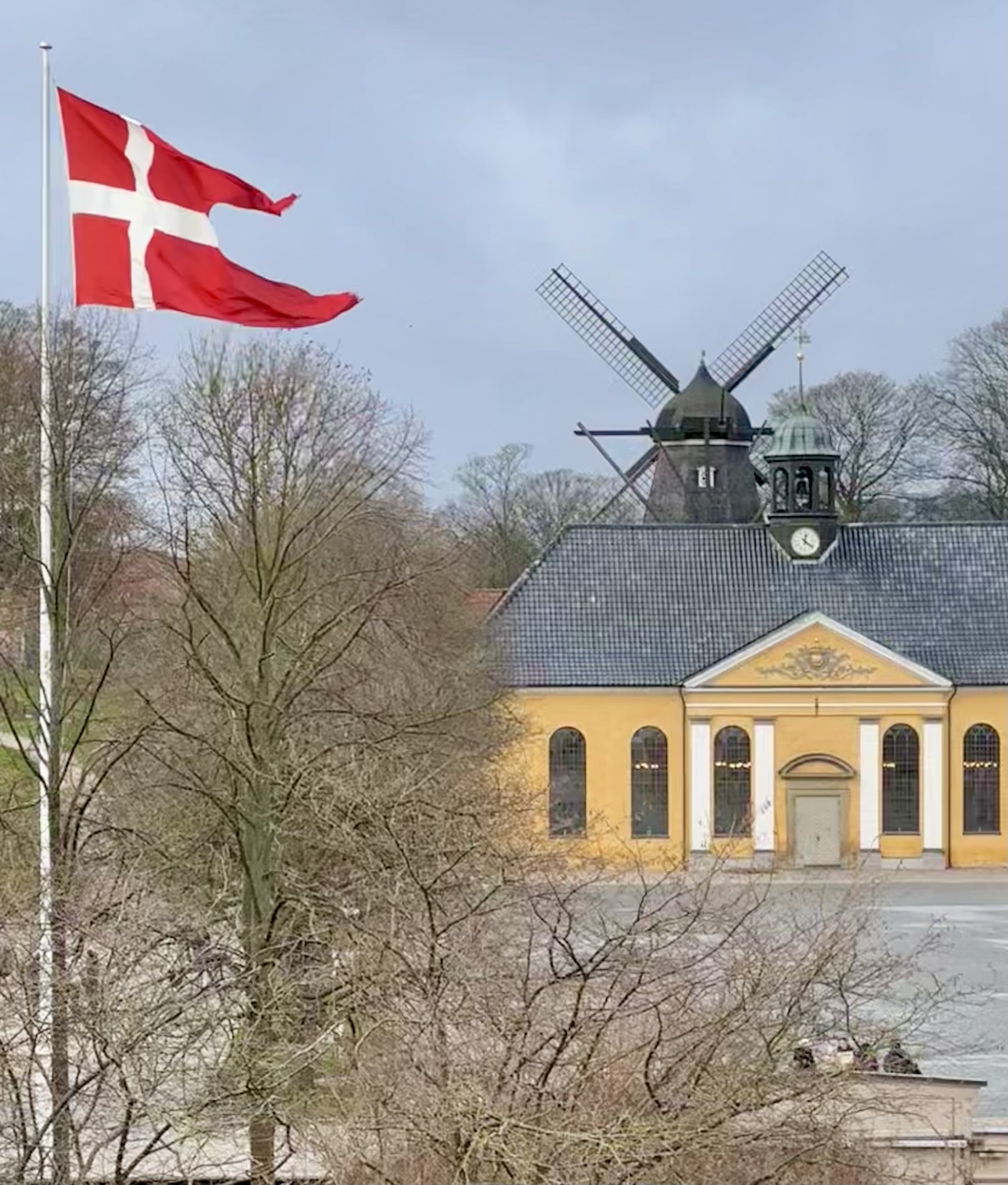 Dannebrog flag flying with Danish architecture and windmill in the background